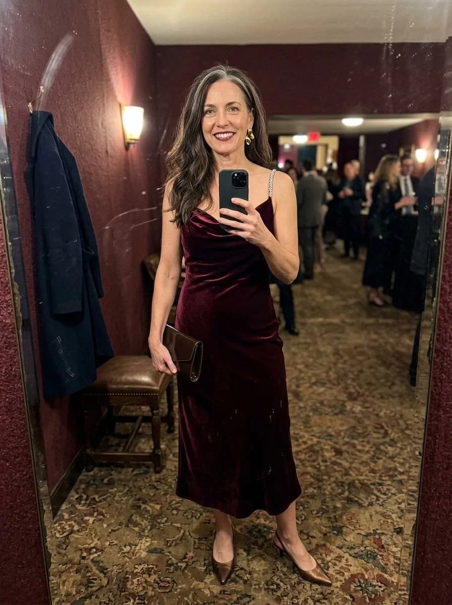 Burgundy velvet cowl-neck midi dress