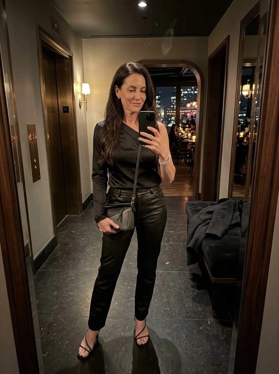 Black one-shoulder satin top with faux-leather pants