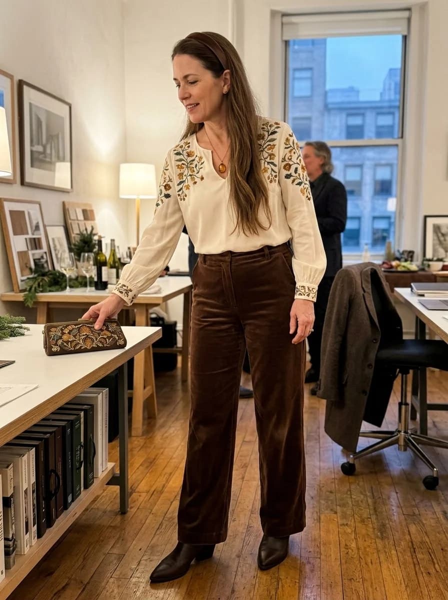 Embroidered ivory blouse with brown velvet trousers