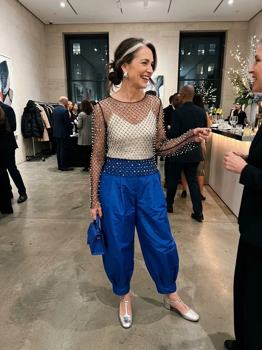 Sheer beaded top with cobalt blue trousers