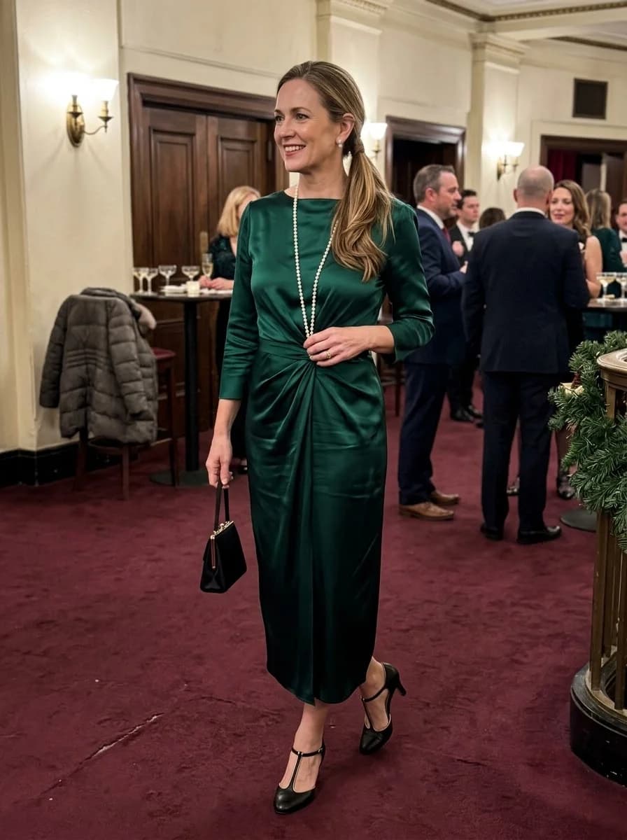Emerald satin gathered-waist midi dress