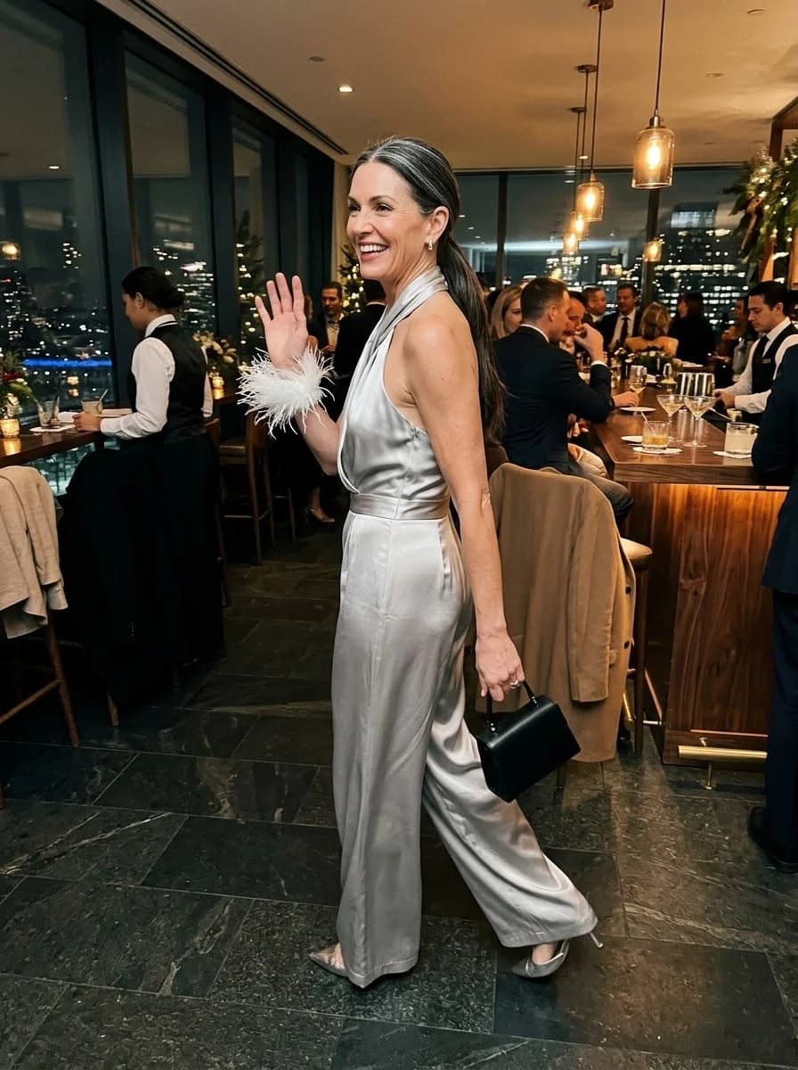 Silver satin halter jumpsuit
