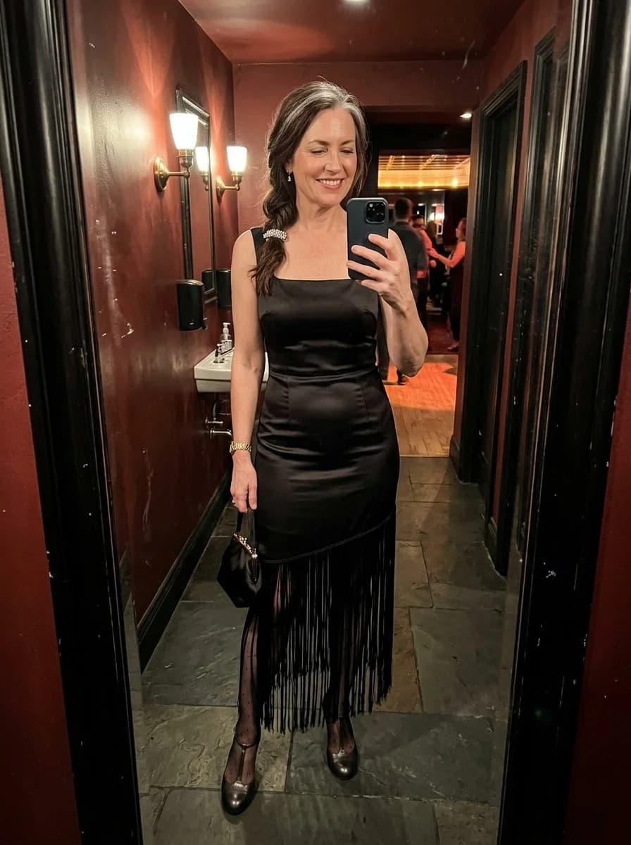 Black satin fringe-hem dress