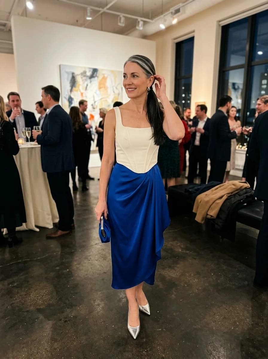 Ivory corset-style bodice with a cobalt draped skirt