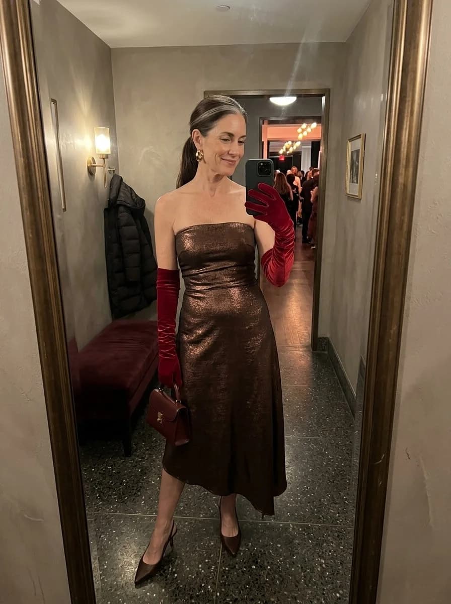 Bronze metallic strapless midi dress