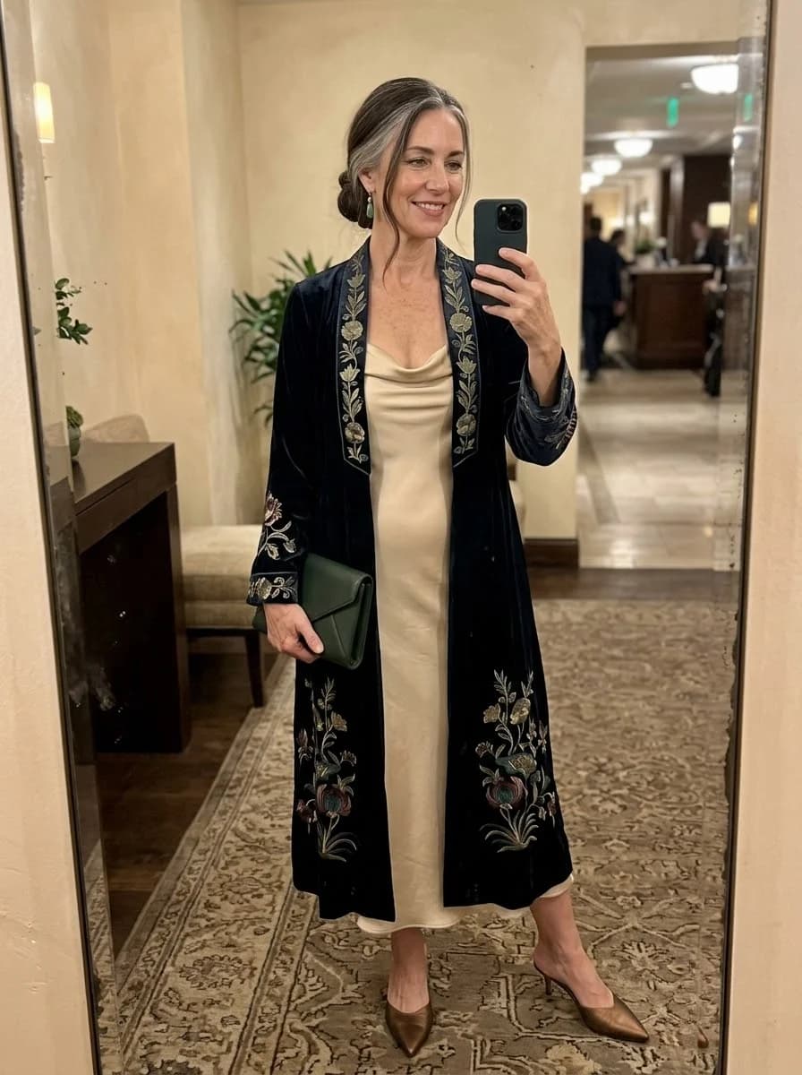 Embroidered velvet duster with a champagne slip dress
