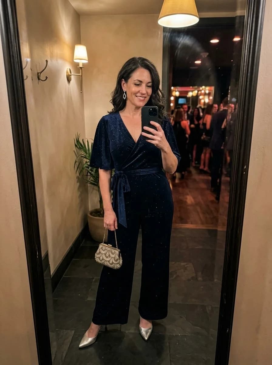 Midnight navy velvet wrap jumpsuit with silver pointed pumps and beaded evening bag