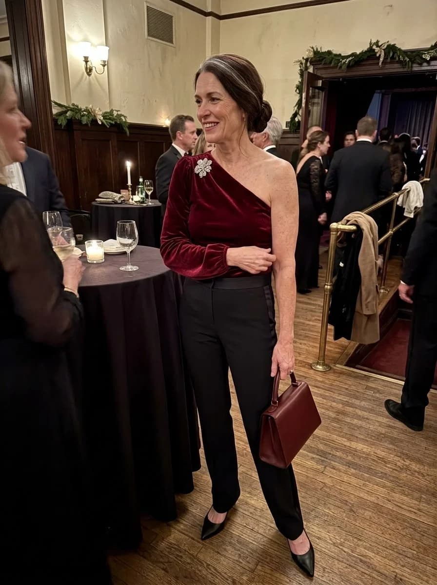 Burgundy velvet one-shoulder top with brooch, black trousers, burgundy bag, and black pumps