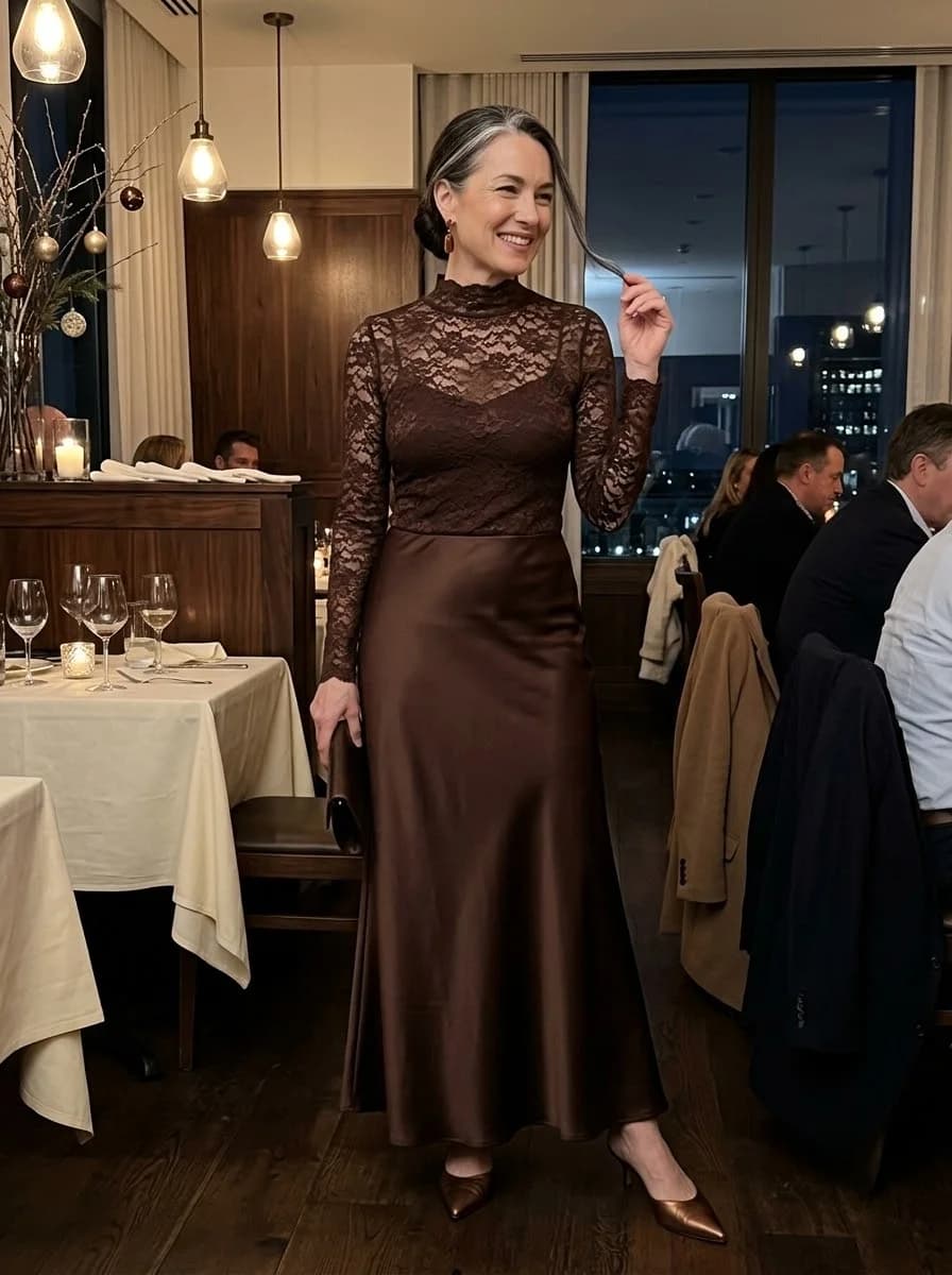 Chocolate brown high-neck lace top with smooth satin maxi skirt and bronze heels
