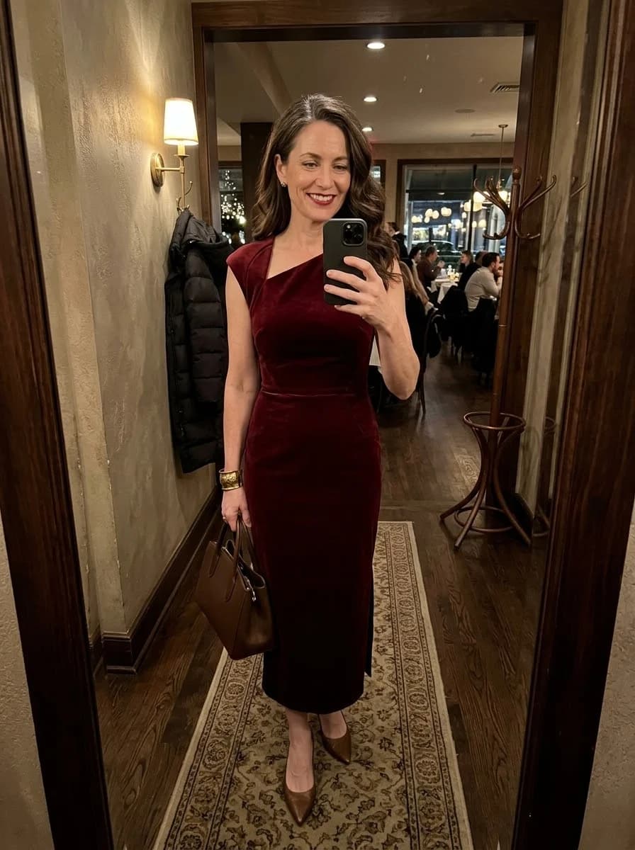 Burgundy velvet asymmetrical midi dress with cap-style shoulder detail and brown handbag