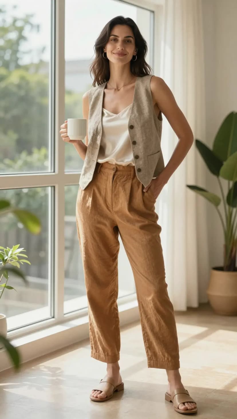 Beige Linen Vest + Cream Silk Camisole + Tan Linen Trousers