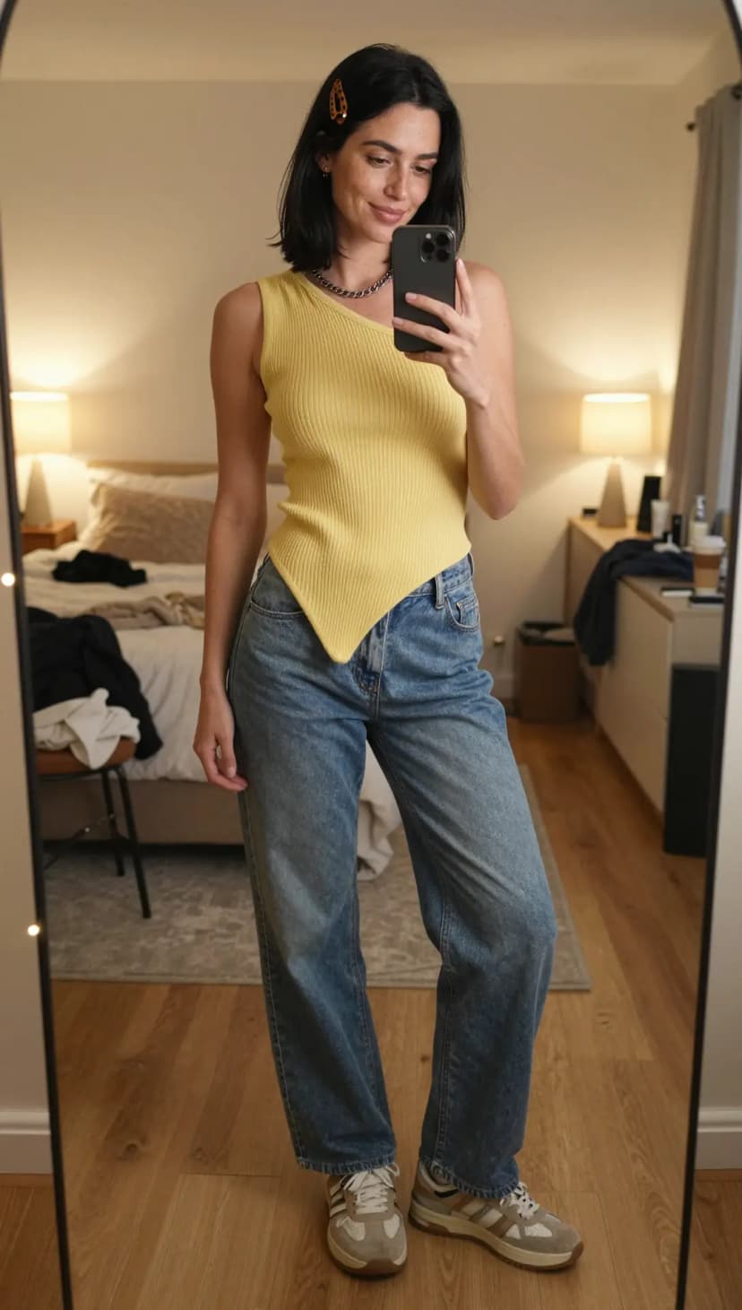 Yellow Ribbed Asymmetric Tank + Light Wash Wide Leg Jeans