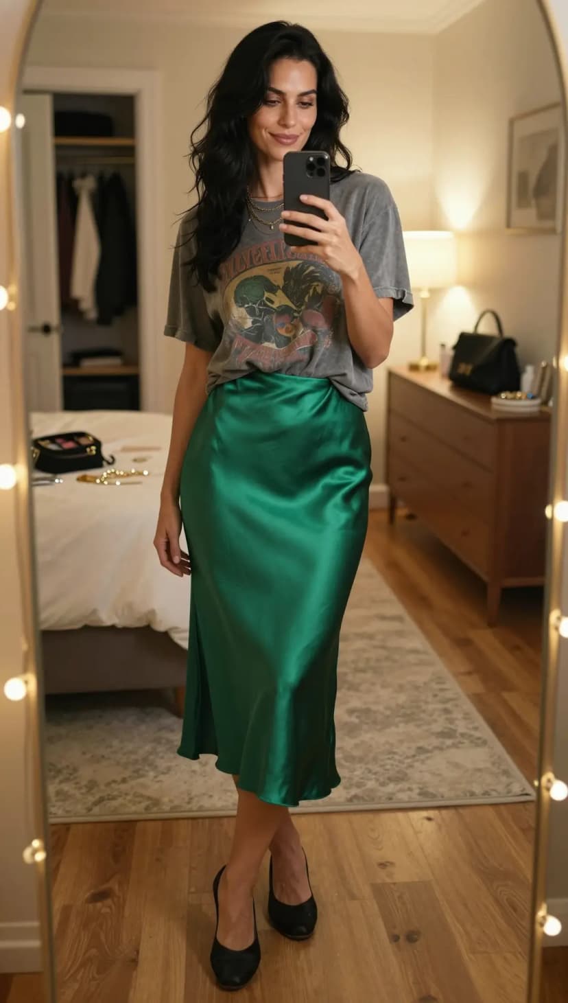 Grey Graphic Tee + Emerald Satin Midi Skirt + Black Pointed Heels