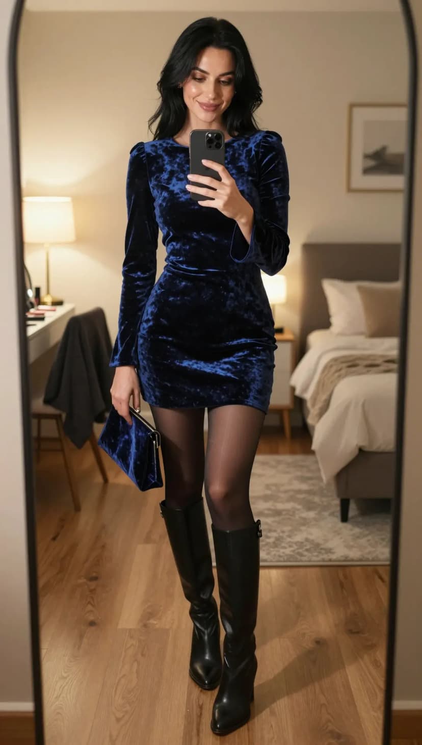 Royal Blue Velvet Mini Dress + Black Leather Knee-High Boots