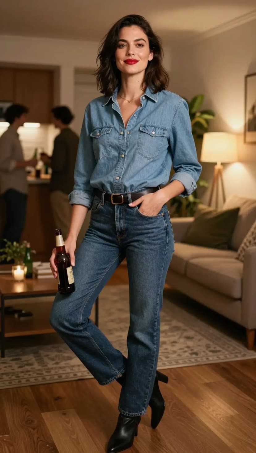 Blue Denim Shirt + Blue Denim Jeans + Black Leather Ankle Boots