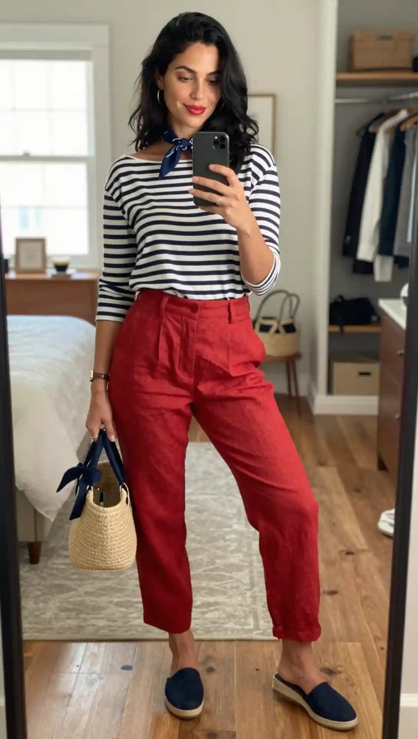 Striped Long Sleeve Top + Red Linen Trousers + Straw Tote Bag