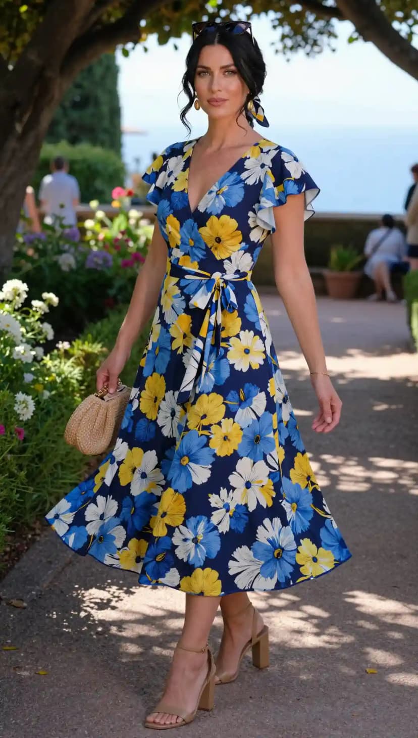 Navy Floral Wrap Dress + Woven Bag + Strappy Heels