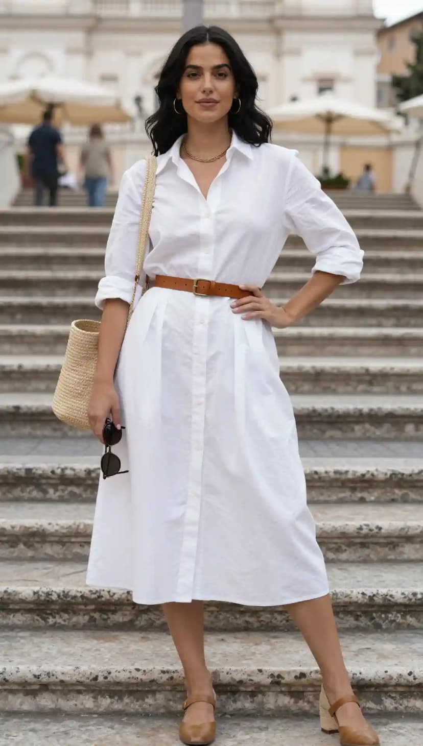 White Shirt Dress + Tan Belt + Woven Tote Bag