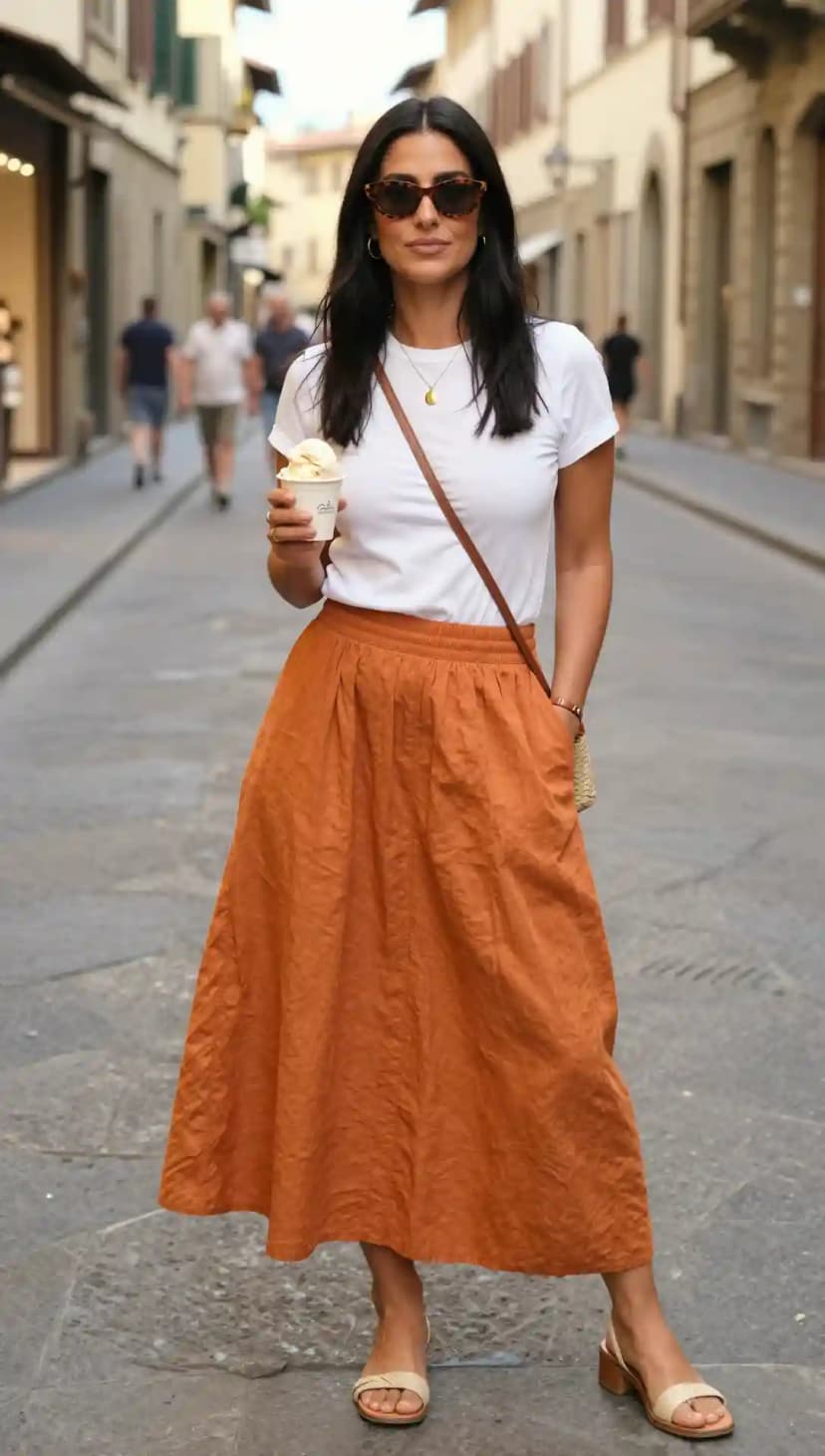 White Cotton T-Shirt + Burnt Orange Linen Skirt + Tan Flat Sandals