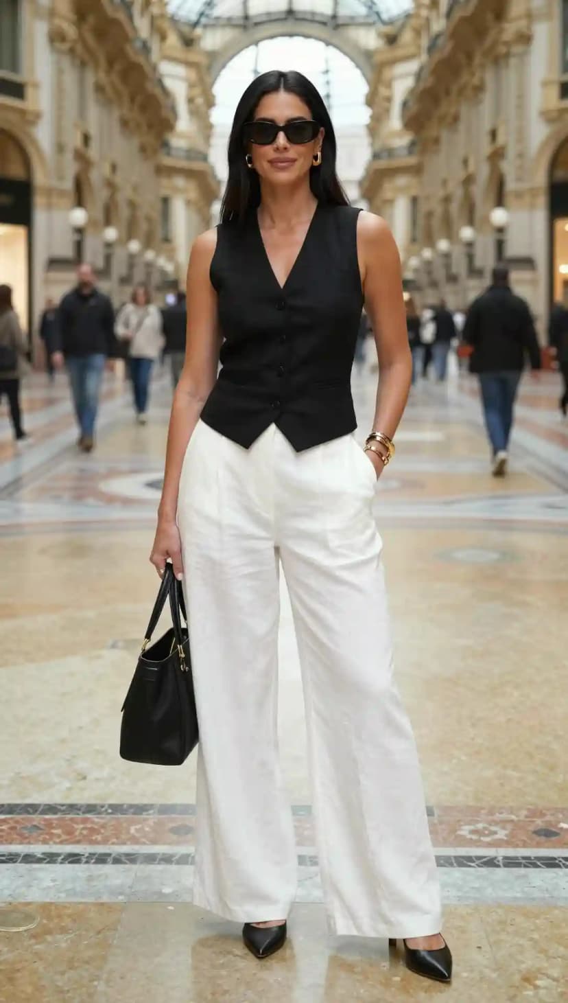 Black Sleeveless Vest + White Linen Wide-Leg Pants + Black Pointed-Toe Heels