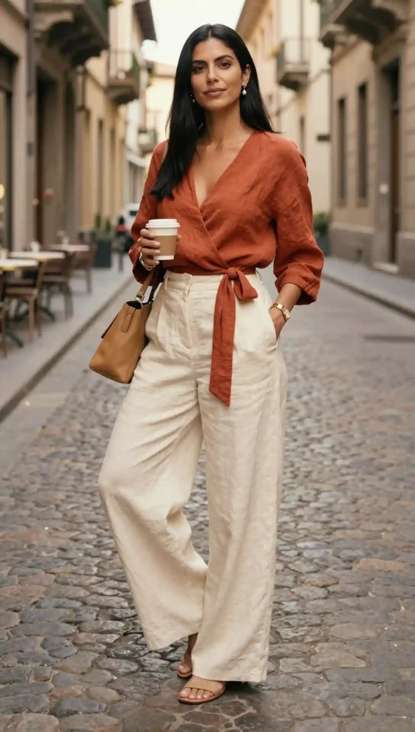 Rust Linen Wrap Top + Cream Wide-Leg Linen Pants + Tan Slide Sandals