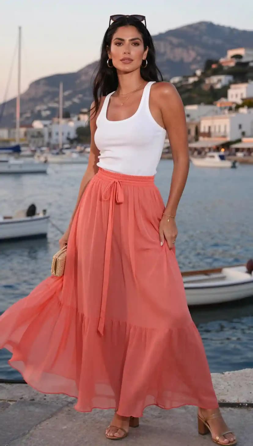 White Ribbed Tank Top + Coral Tiered Maxi Skirt + Gold Block Heels