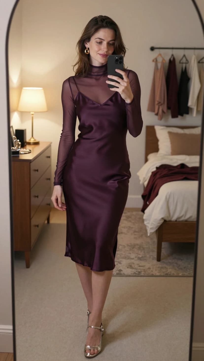 Plum Satin Slip Dress + Sheer Mock Neck Top + Silver Strappy Heels