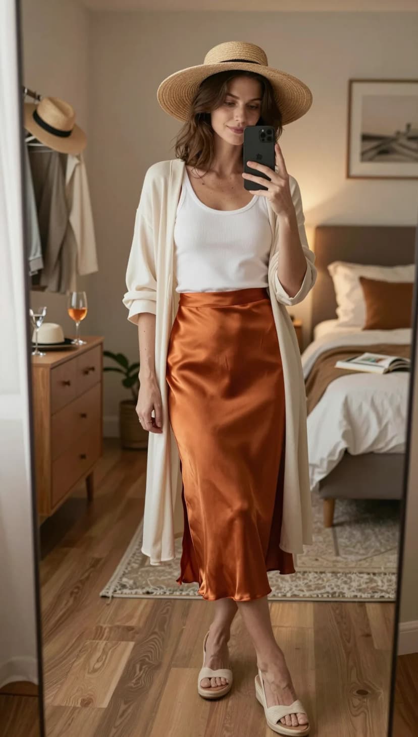 Cream Knit Cardigan + White Tank Top + Copper Satin Midi Skirt + Beige Espadrille Wedges