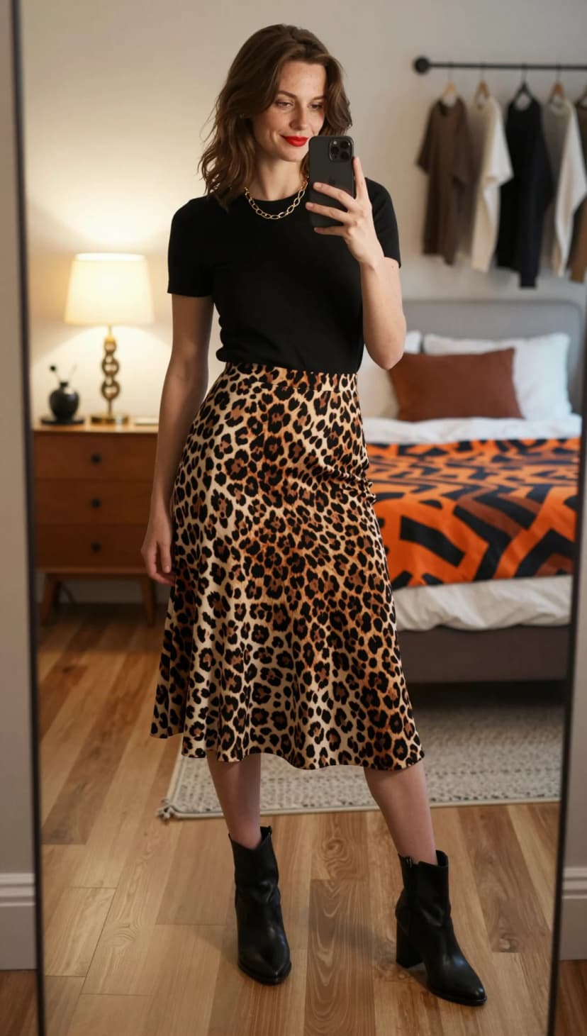 Black Knit Top + Leopard Print Midi Skirt + Black Leather Boots