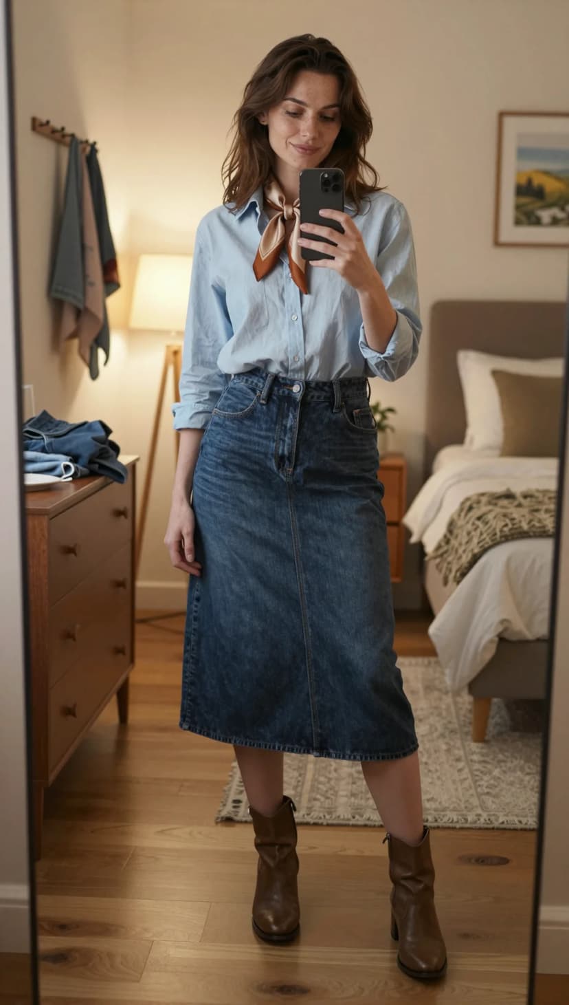 Light Blue Linen Button-Down + Dark Wash Denim Midi Skirt + Brown Leather Ankle Boots + Brown and Tan Silk Scarf