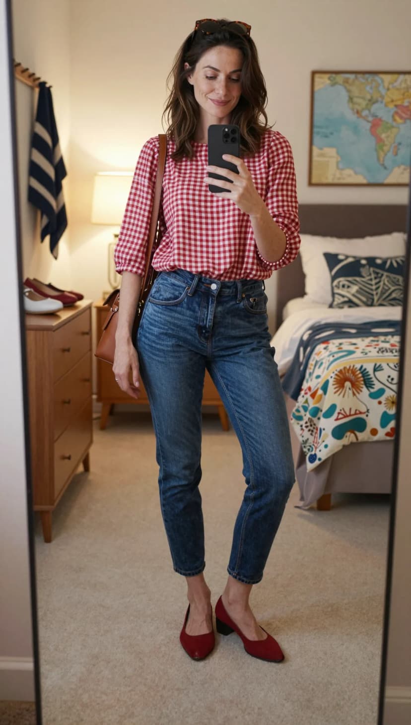 Red Gingham Cotton Blouse + Blue Denim Straight Leg Jeans + Red Suede Block Heel Pumps
