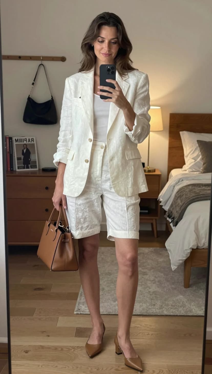 White Textured Blazer + White Textured Shorts + Tan Leather Heels + Tan Leather Tote
