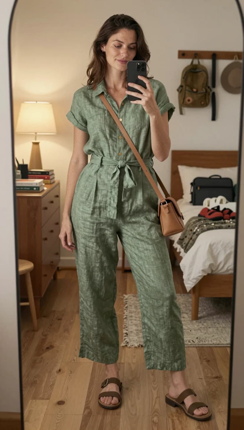 Sage Linen Utility Jumpsuit + Brown Leather Crossbody Bag + Brown Leather Slides