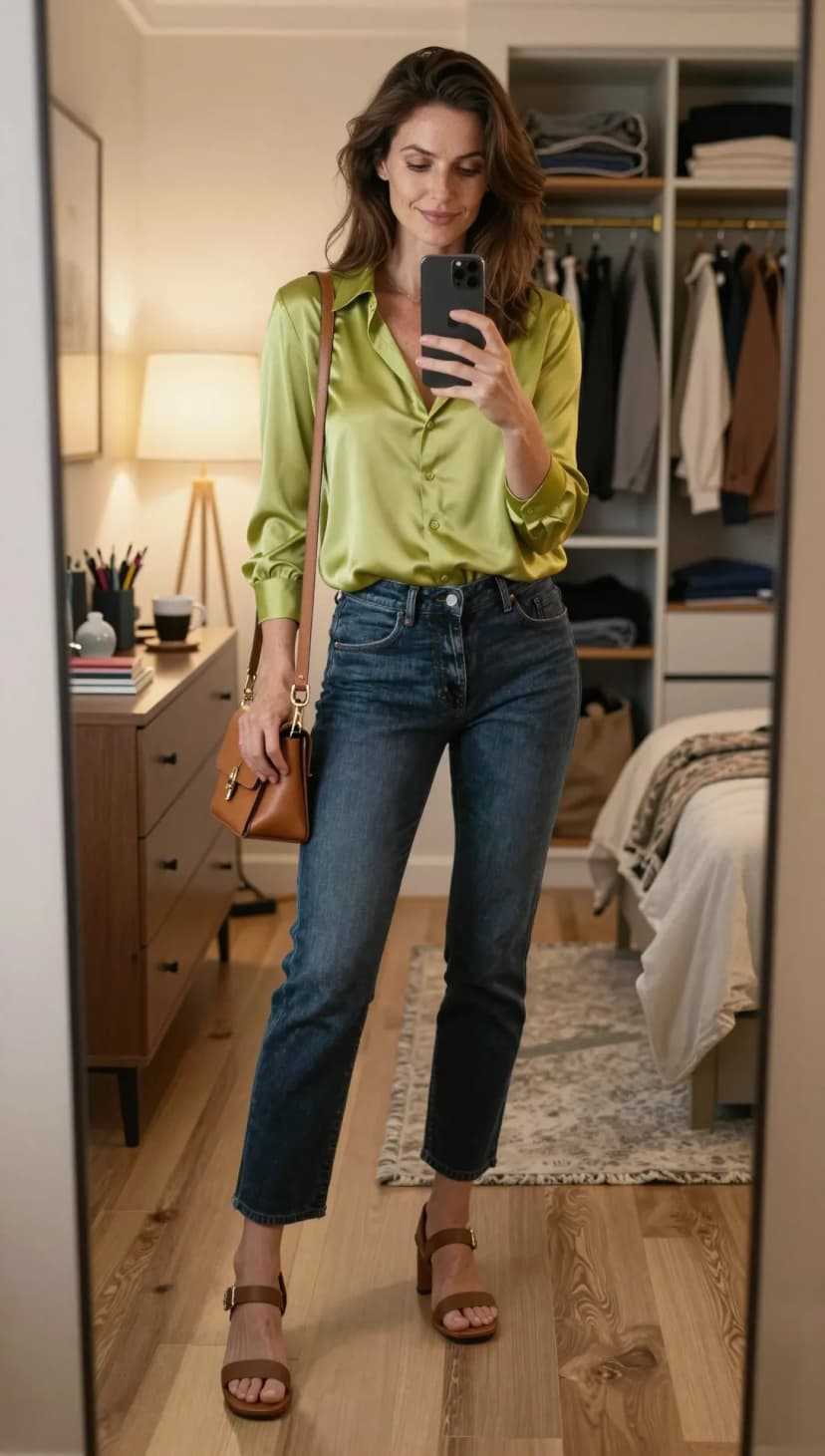 Lime Satin Button-Down Top + Dark Wash Straight Leg Jeans + Tan Block Heel Sandals