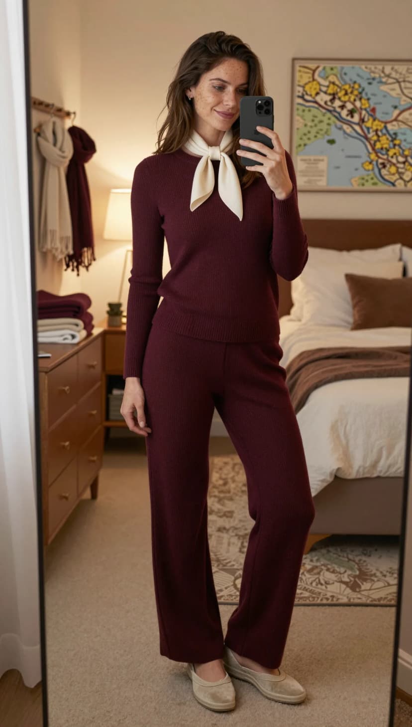 Burgundy Ribbed Knit Sweater + Burgundy Ribbed Knit Wide-Leg Pants + Cream Silk Scarf + Taupe Suede Flats