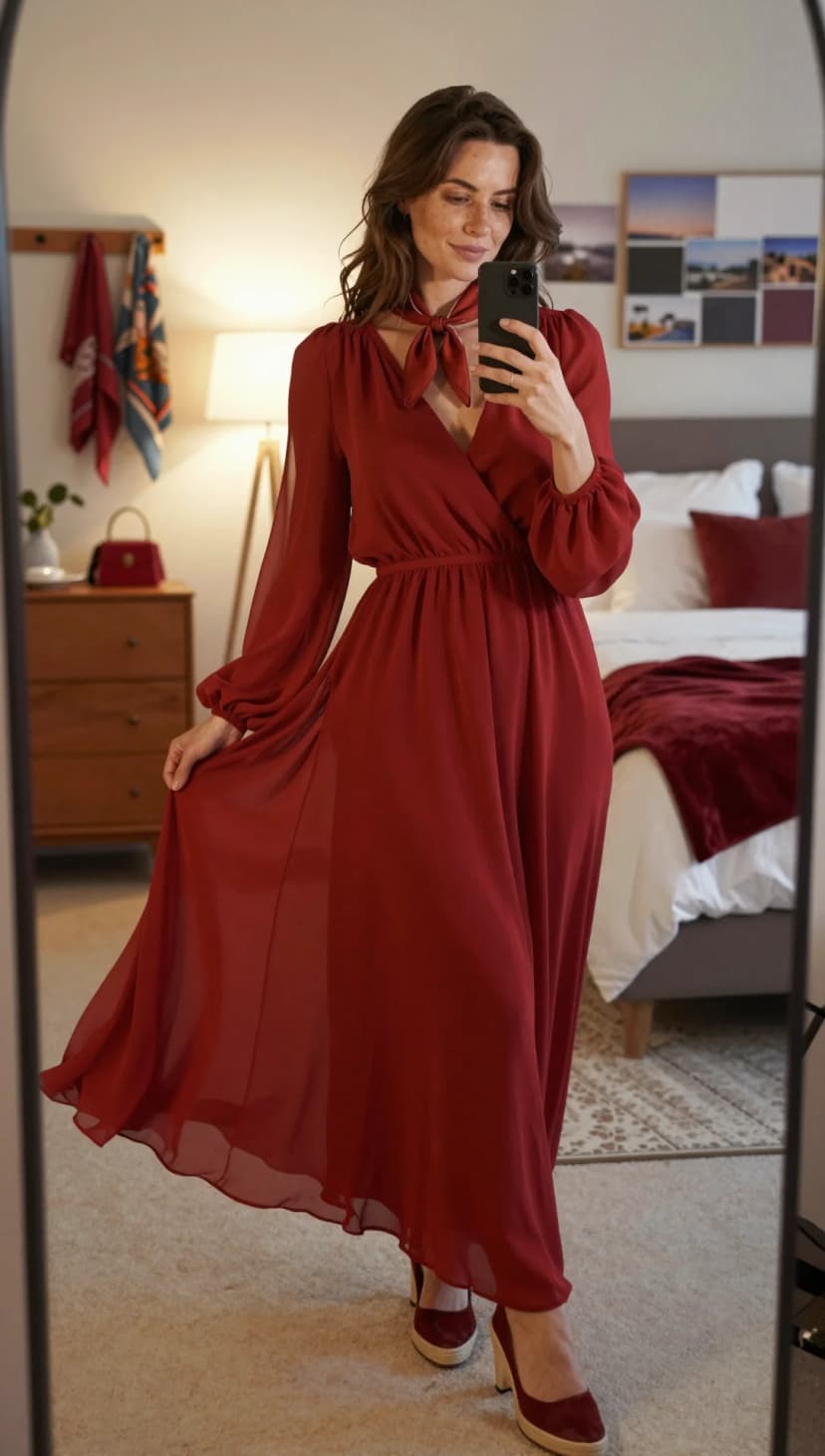 Red Chiffon Maxi Dress + Burgundy Suede Espadrille Wedges