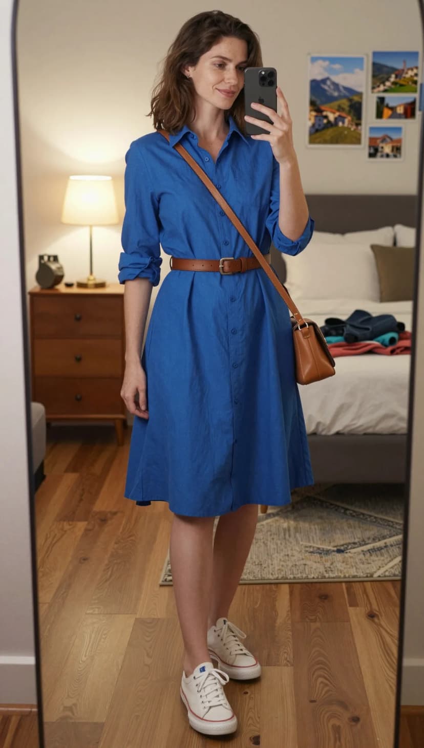 Blue Linen Shirtdress + Brown Leather Belt + Tan Crossbody Bag + White Canvas Sneakers
