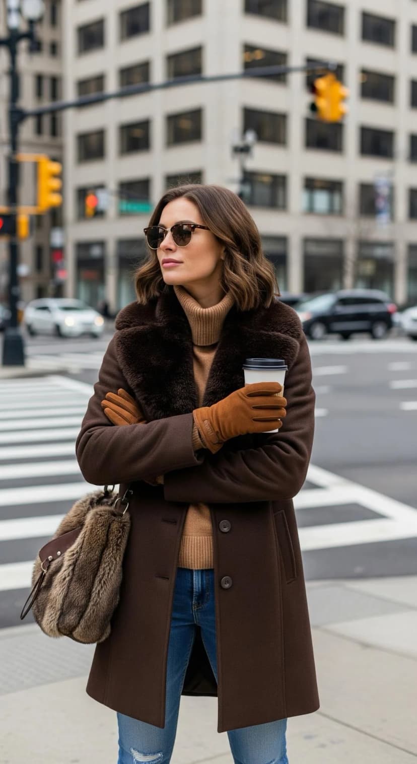 Brown Wool Coat + Tan Turtleneck + Ripped Blue Jeans
