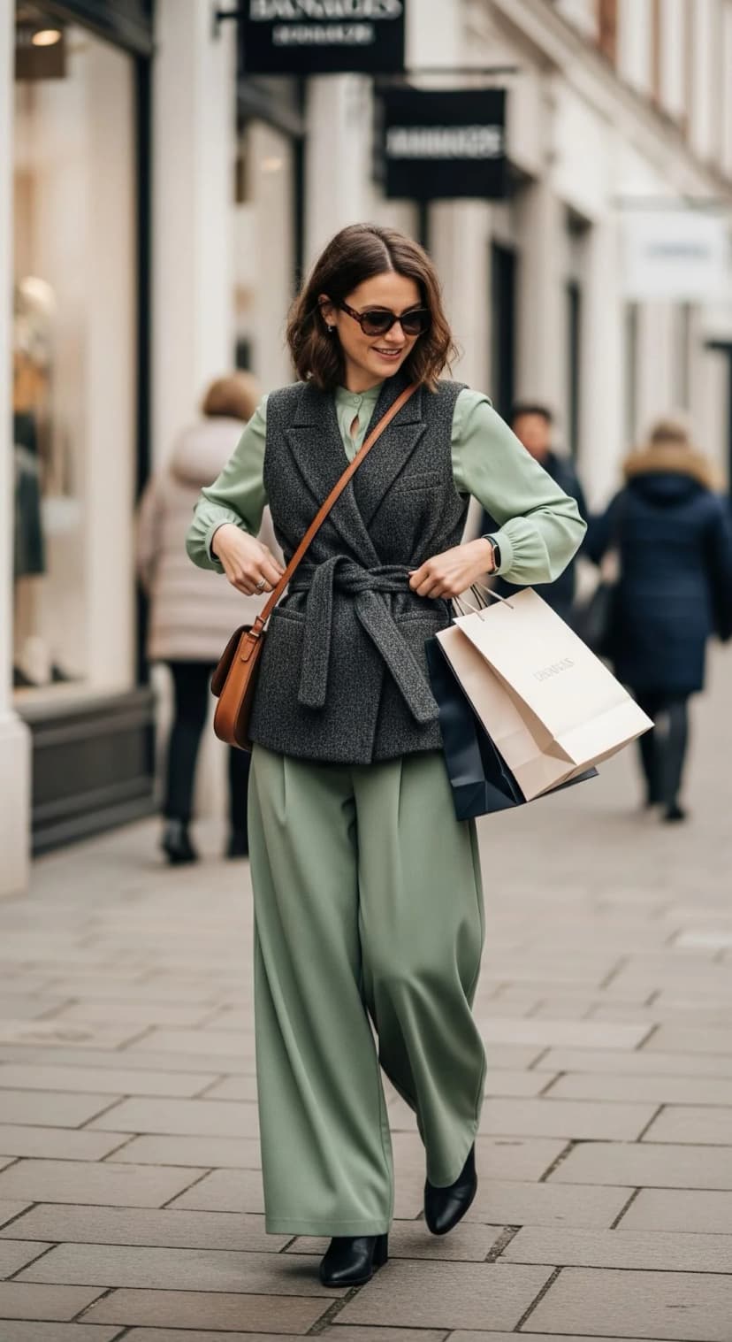 Sage Green Blouse + Charcoal Wool Vest + Sage Wide-Leg Trousers