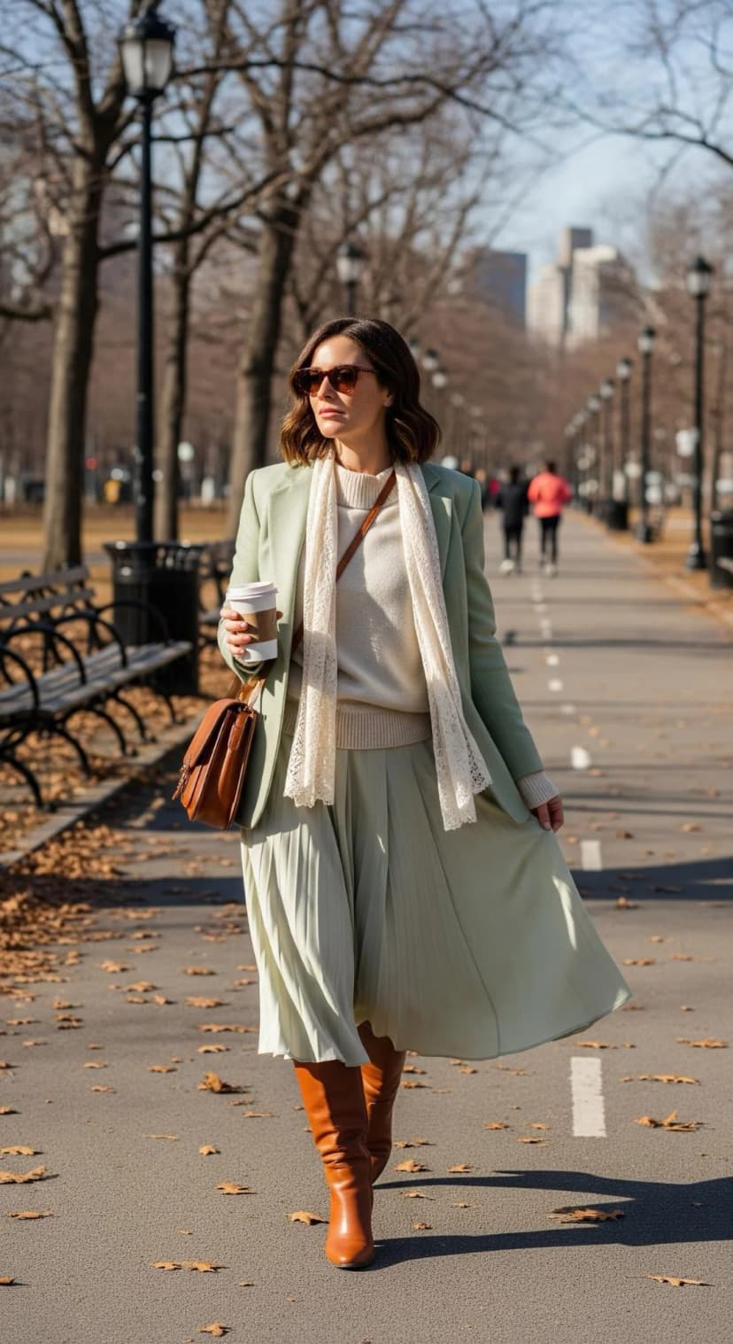 Mint Wool Blazer + Cream Knit Sweater + Mint Pleated Skirt + Cognac Leather Boots