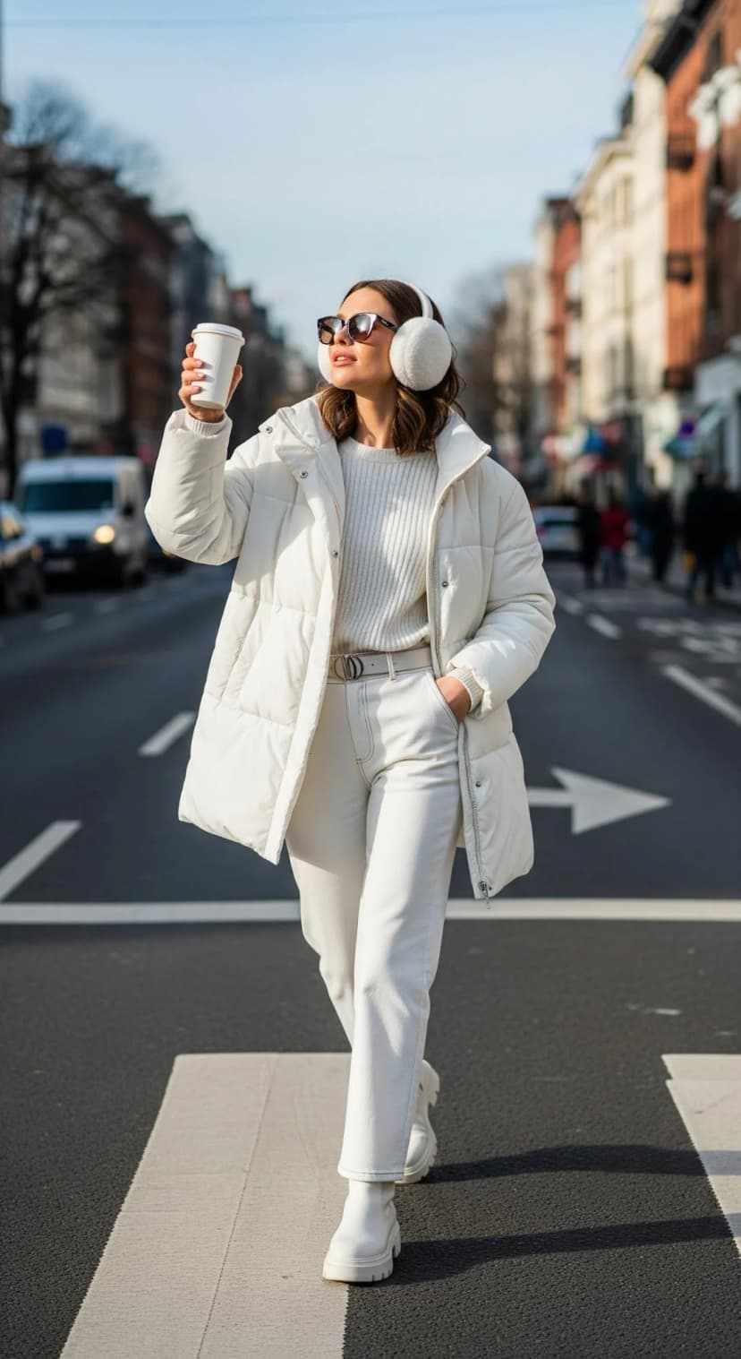 White Knit Sweater + White Denim Jeans + White Puffer Coat + White Boots