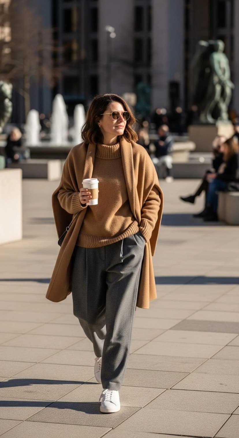 Camel Wool Coat + Camel Knit Sweater + Grey Wool Trousers + White Leather Sneakers