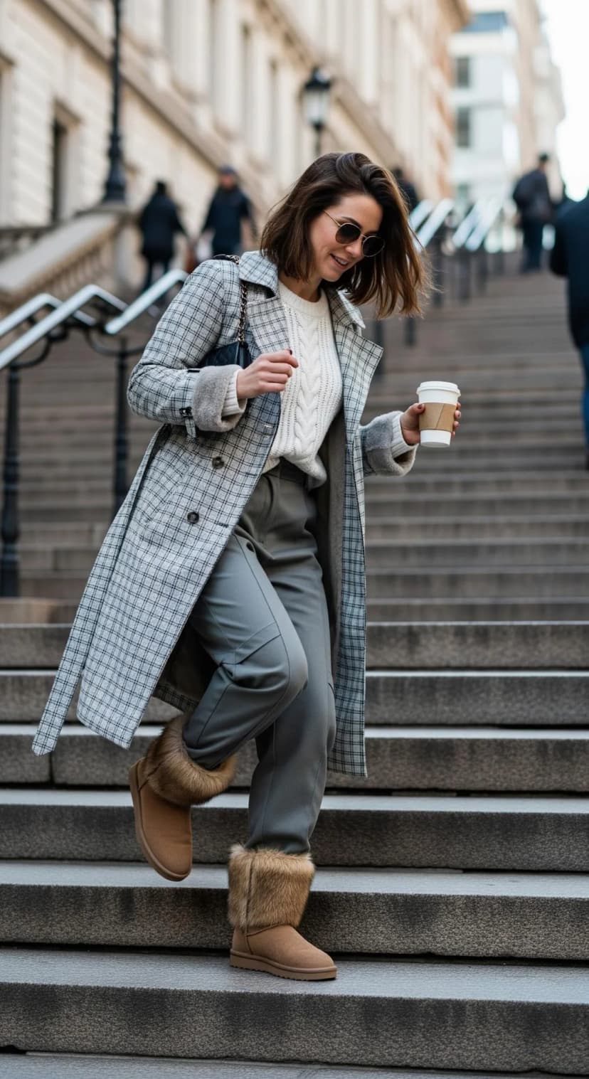 Cream Cable Knit Sweater + Grey Trousers + Grey Plaid Coat + Fur Boots