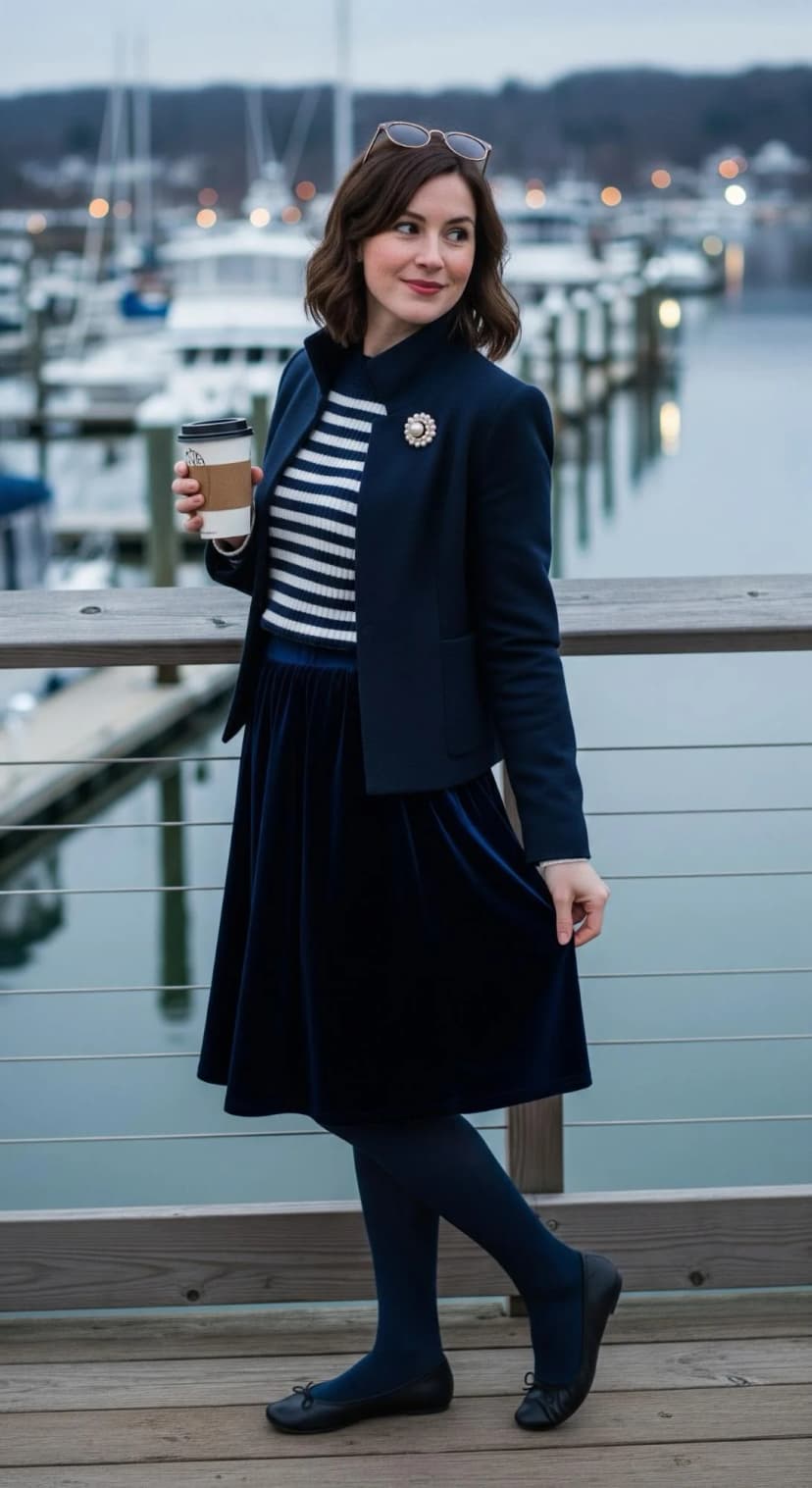 Navy Wool Blazer + Striped Knit Top + Navy Velvet Skirt