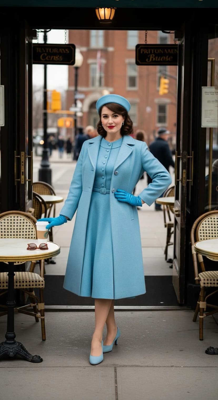 Sky Blue Wool Coat + Sky Blue Wool Dress + Sky Blue Beret + Sky Blue Gloves