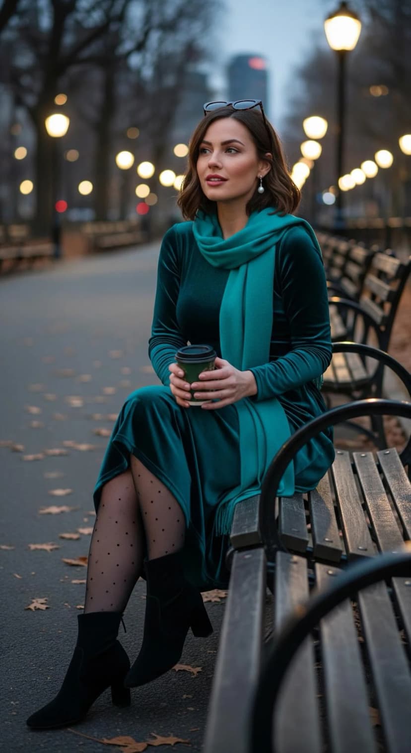 Teal Velvet Midi Dress + Teal Wool Scarf + Black Dot Tights + Black Suede Boots