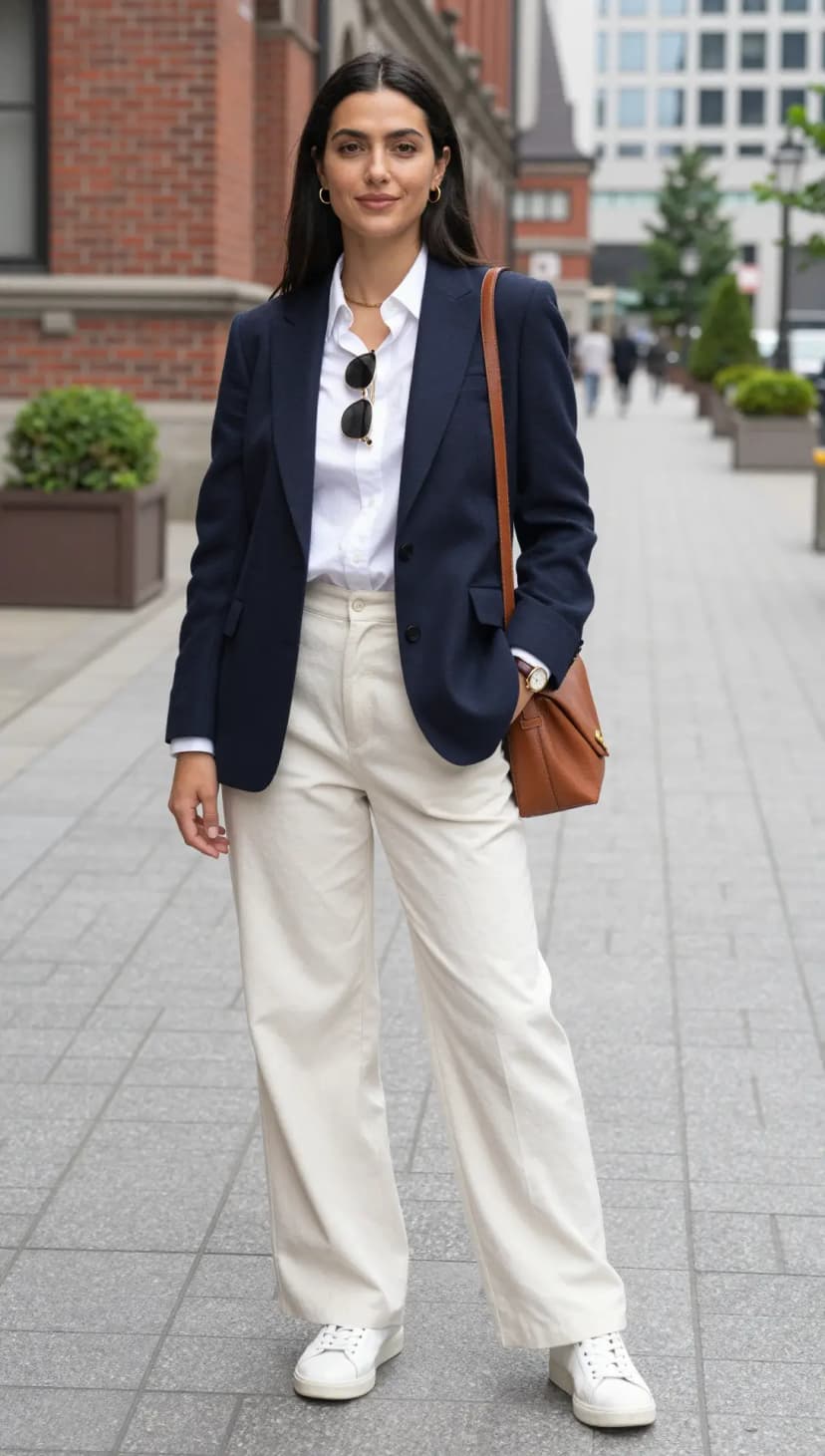 Navy Wool Blazer + White Cotton Button-Up Shirt + Cream Linen Wide-Leg Pants