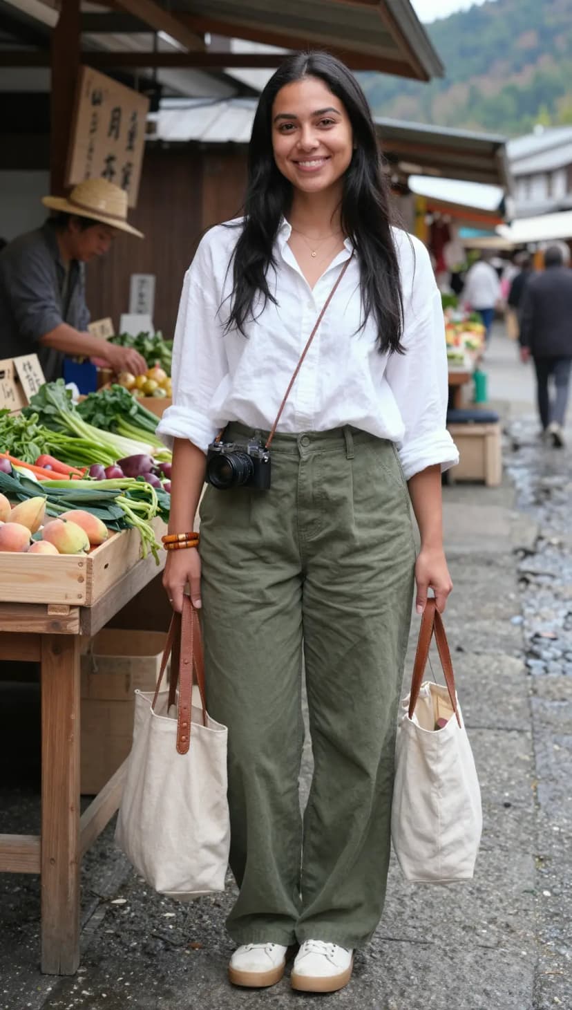 White Cotton Shirt + Olive Cotton Trousers + White Canvas Sneakers