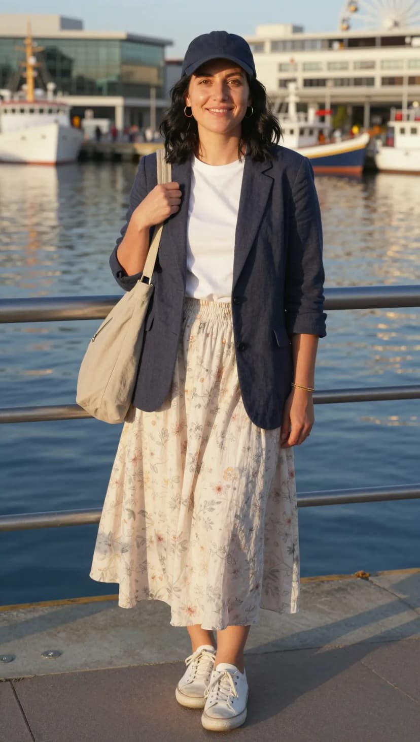 Navy Linen Blazer + White Cotton T-Shirt + Cream Floral Print Cotton Midi Skirt