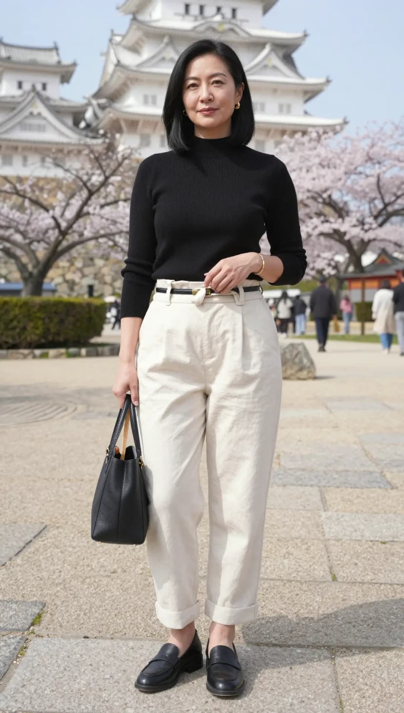 Black Ribbed Mock Neck Top + Cream Linen Trousers